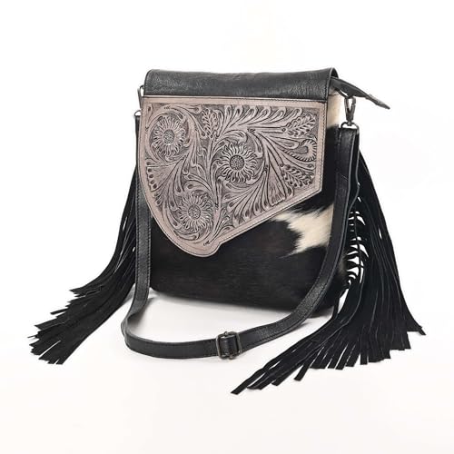 Merbaa Sunset Star Crossbody Bag - Real Cowhide Hairon Women's Handbag with Leather Fringes - color: Black