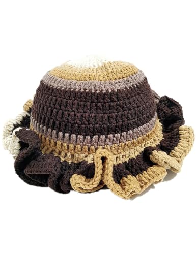 KORADI Womens Crochet Bucket Hat Ruffled Brim Knitted Hats Winter Boho Handmade Caps - color: Coffee