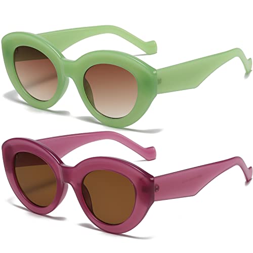 AIEYEZO Oversized Cat Eye Sunglasses for Women Cute Oval Thick Frame Cateye Sun Glasses Chic Retro Style Shades - color: 2 Set (Green + Purple)