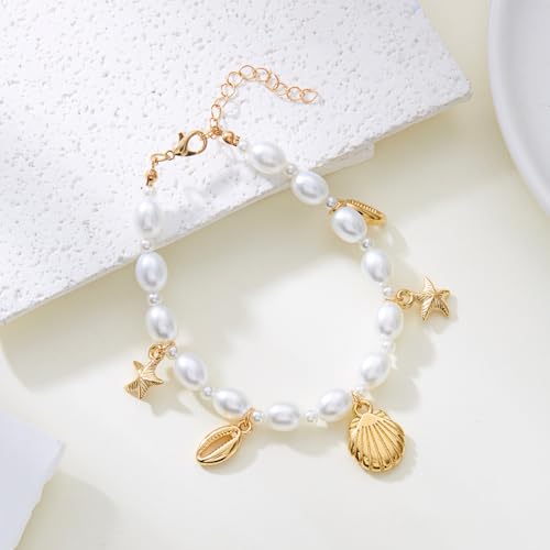 Qceasiy Shell Ankle Bracelet Set for Women, Gold Plated Boho Bead Adjustable Anklet, Hawaiian Beach Seashell Pearl Heart Starfish Conch Foot Jewelry Gifts - color: Pearl Shell(KC)