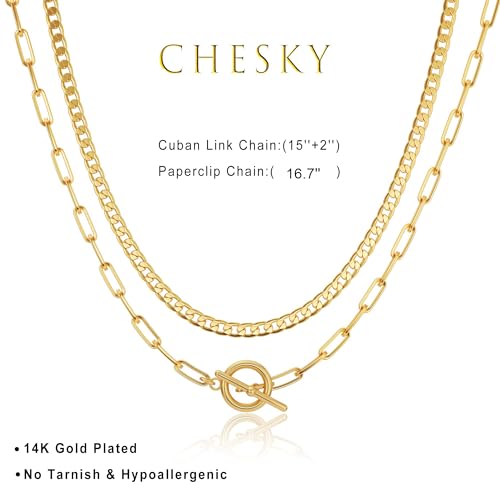 CHESKY Layered Necklaces for Women, 14K Gold Plated Chain Necklace Women Trendy Cuban Link Paperclip Chain Toggle Clasp Necklace Fashion Chunky Jewelry for Women - style: Toggle/Paperclip-GD