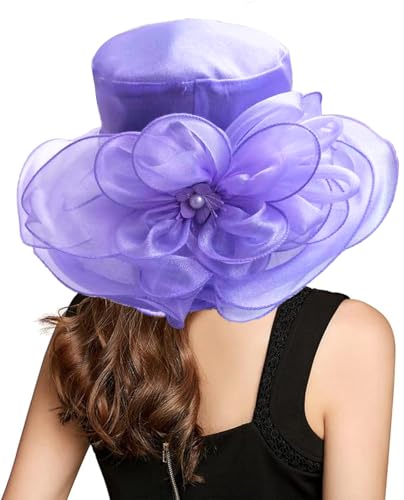 ORIDOOR Women’s Organza Church Tea Party Wedding Fascinator Derby Hat Wide Brim Sun Hats - color: C4-lavender