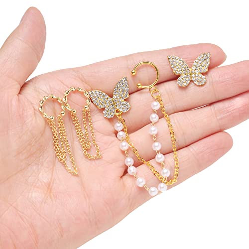 Tornito 6-12Pcs Cuff Earring Chain Leaf Snowflake Star Butterfly with CZ Crawler Climber Earring Studs Drop Dangling Chain Wrap Tassel Earring for Women Men 20G Silver Gold Tone - color: E:Gold Tone