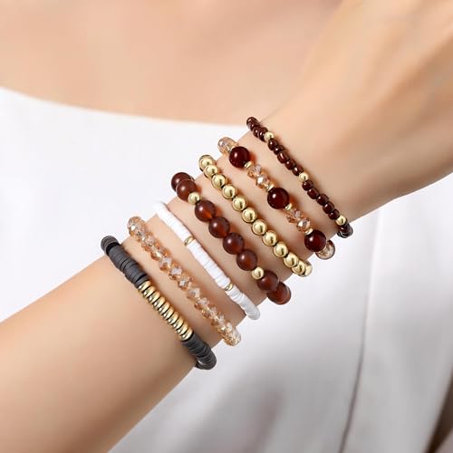 XIANNVXI 7pc Heishi Clay Bead Bracelets for Women Gold Plated Beaded Bohemian Stackable 6.8In Stretch Bracelets Elastic Layering Friendship Jewelry Boho Gift Set - color: Brown