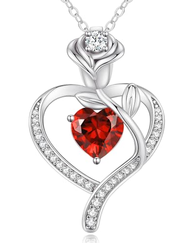 LOUISA SECRET Rose Flower Heart Birthstone Necklaces for Women, 925 Sterling Silver Jewelry, Pendant Heart Necklaces Birthday Anniversary Christmas Gift for Women Wife Mom Girlfriend Lady - color: White Gold-01/07-Jan/Jul