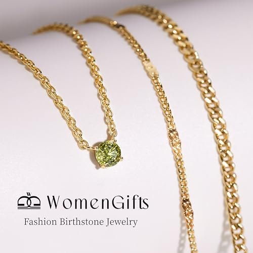 WomenGifts Layered Gold Necklaces for Women, 14K Gold Sterling Silver Plated Dainty Pendant Necklace Set Non Tarnish, Chunky Stackable Cuban Chain Choker, Trendy Birthstone Vacation Jewelry Gift - color: Gold, style: Cubic Zirconia-Created Peridot-Aug