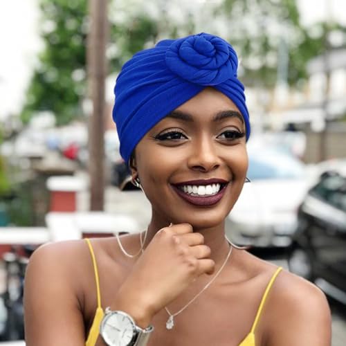 African Women Turban Caps Pre-Tied Twisted Turbans Head Scarf for Women Hair Wraps Cover Beanie Cancer Chemo Headwear - color: 2 Pack Twisted Braid: Floral (Blue/Navy Blue)