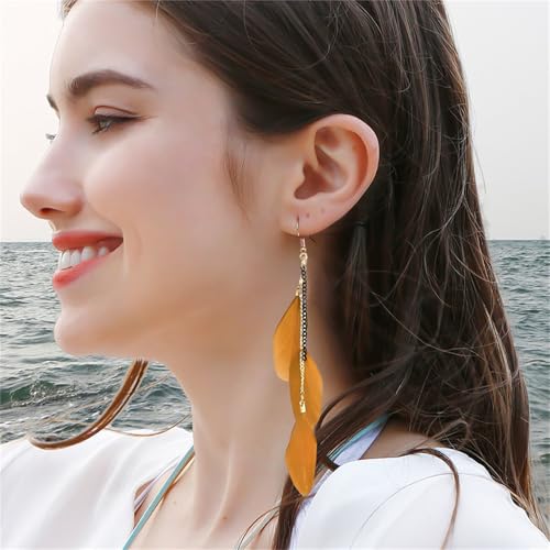 coadipress Boho Piercing Tassel Feather Long Chain Earrings Retro Lightweight Native Feather Dangle Drop Earrings for Women Bohemian Handmade Natural Feathers Earring Jewelry - color: Khaki