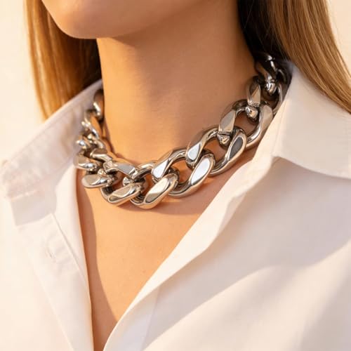 Long tiantian Chunky Gold Necklace Stack Chain Necklaces for Women Statement Layered Paperclip Choker Necklaces Statement Necklace for 80s 90s & Night Out Outfits Paperclip Style Fashion Jewelry - color: B1：Silver-Chain