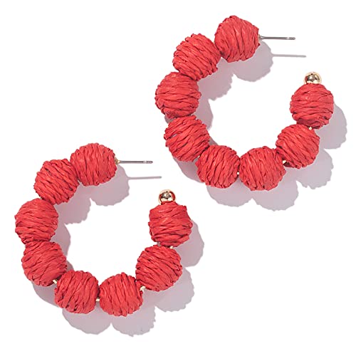 Raffia Hoop Earrings Statement Boho Beaded Earrings Cute Rattan Handmade Colorful Jewelry for Women Unique Summer Outfits - color: Red