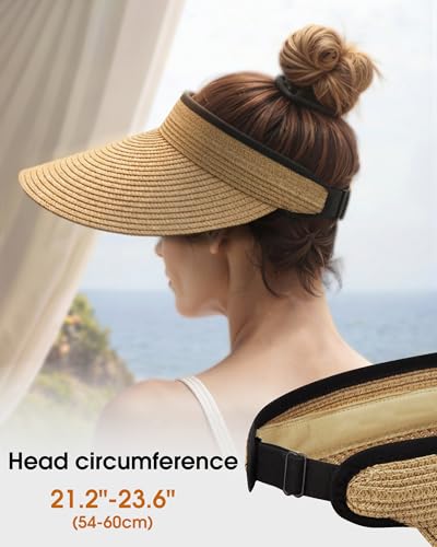 Senker Fashion Sun Hats Visor for Women, Straw Beach Hat Adjustable Wide Brim Ponytail Packable for Summer Travel UPF 50+ - color: Khaki