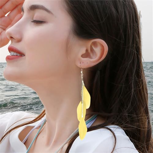 coadipress Boho Piercing Tassel Feather Long Chain Earrings Retro Lightweight Native Feather Dangle Drop Earrings for Women Bohemian Handmade Natural Feathers Earring Jewelry - color: Yellow