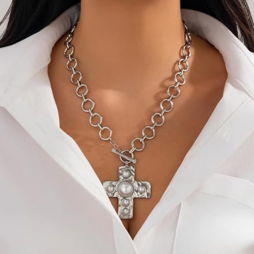 Chunky Cross Necklace for Women Chunky Gold Necklace Statement Cross Pendant Vintage Toggle Clasp Necklace Jewelry for Women - color: C2-Silver Cross Necklace