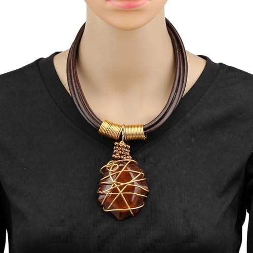 Ethnic Crystal Rhinestone Pendant Necklace Earrings Set Women Handmade Tribal Collar Choker Chunky Metal Bib Rope Chain African Statement Jewelry Set - color: N1505-brown