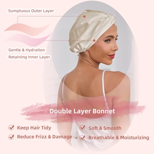 Adjustable Silk Satin Hair Bonnet for Sleeping Women, Double Layer, Silk Hair Wrap for Sleeping Women Men, Curly Natural Braid Straight Unisex - Champagne - color: Champagne
