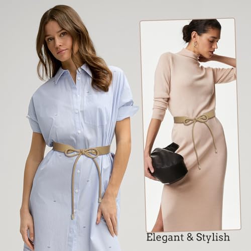 Women PU Leather Tie Waist Belts Knotted Thin Skinny Rope Waistband - color: Khaki