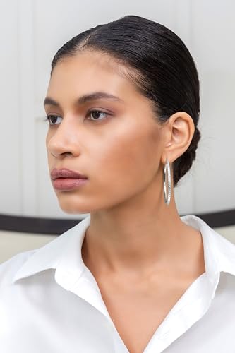 Hoops & Loops 925 Sterling Silver Diamond-Cut Round Hoop Textured 3mm Click-Top Earrings for Women, Slver, Two-Tone 14K Yellow Gold Flash Plate 15/20/25/30/35/40/45/50mm Hoops - color: Silver, size: 50mm (2'')