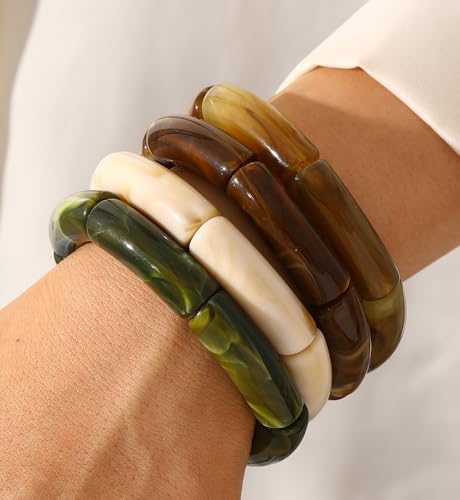 iF YOU 6pcs Chunky Acrylic Bangle Bracelets for Women, Resin Bamboo Brown Stretchy Bracelet Stack, Fashion Jewelry for Women - color: 4pcs-green & brown bracelets