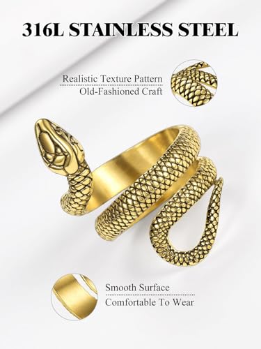 Stainless Steel/18K Gold Plated/Black Snake Ring for Men Women Size 7-12 Serpent Reptile Rings Punk Gothic Jewelry(with Gift Box) - color: 02-Gold Plated