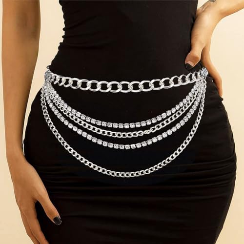 Rhinestone Waist Chain Body Chain Crystal Body Jewelry for Women Layered Rhinestones Belly Chain Summer Beach - color: Silver