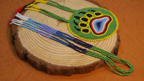 Handmade Native American Style Tribal ethnic Seed Bead Beaded Layered Medallion Necklace #1 - color: Green Bear Paw