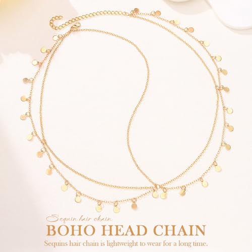 Kilshye Boho Sequin Head Chain Gold Prom Headpiece Hair Chains Festival Costume Headband for Women