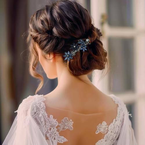 Arvintas 2 Pack Hair Clips, Ink-Blue Vintage Rhinestone Hair Clips Sparkly Crystal Clips Flower Small Hair Barrettes, Fancy Wedding Hair Accessories for Women Girls Bridal - color: Ink-Blue
