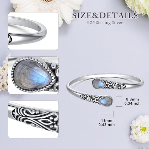 925 Sterling Silver Genuine Gemstone Bracelet for Women Men Handmade Adjustable Boho Navajo Style Bangle Cuff Natural Stone Jewelry Gift - color: Labradorite