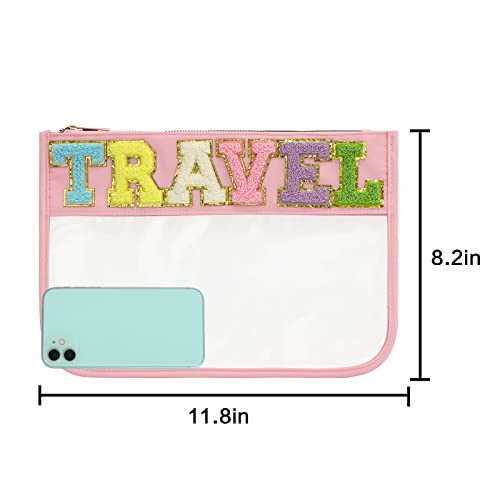 DYSHAYEN Chenille Letter Clear Zipper Pouch for Travel,Nylon Clear Cosmetic Bag,Makeup Travel Bag for Women Girls 11.8 Inches x 8.2 Inches - color: Pink-Travel