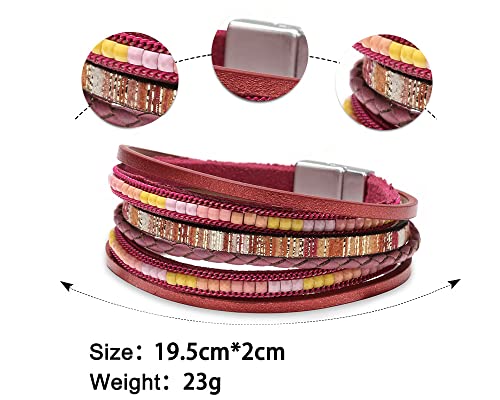 Fesciory Leather Wrap Bracelets for Women, Boho Leopard Multi-Layer Crystal Beads Cuff Bracelet Jewelry - color: Boho Braid(Red)