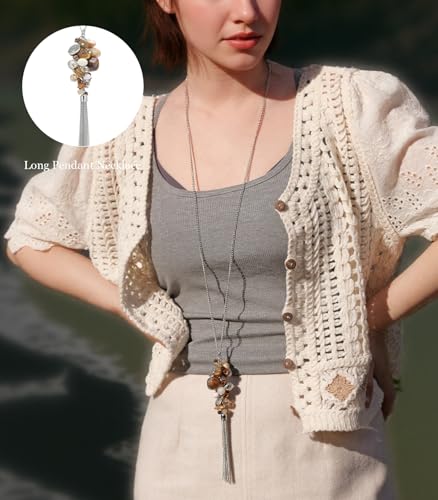 Noessla Boho Long Pendant Necklaces for Women Silver Tassel Long Necklace Sweater Chain Mothers Day Gifts Silver Costume Jewelry for Women - color: Brown