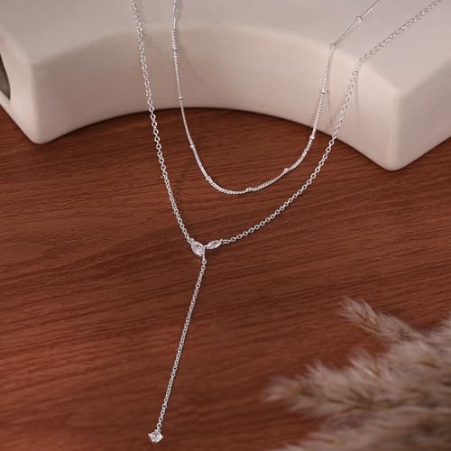 Gold Necklace for Women - Dainty Long Lariat Necklace 14K Gold Plated Clover Star Teardrop CZ Y Shaped Drop Necklaces Cute Long Necklaces for Women Trendy Prom Formal Womens Jewelry - color: Silver-Layered PJ Drop