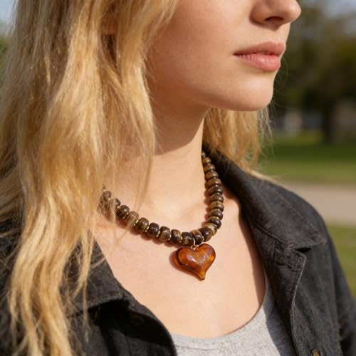 Chunky Colorful Beaded Statement Boho Summer Beach Chokers Necklace Heart Pendant Pink Green Yellow Brown Fashion Jewelry - color: Gold-brown3