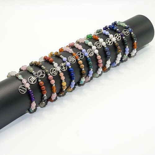 Zodiac Natural Stone Bracelet – Handmade Crystal Healing Bracelet with Zodiac Charm – Adjustable Beaded Jewelry Gift for Women Men Girls - color: Taurus