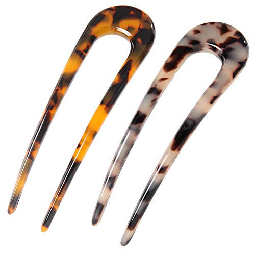 French Hair Pins Tortoise Shell U Shaped 2 Prong Hair Sticks Acetate Chignon Pin for Women Hairstyle Accessories 2 Pack - color: hair fork 2 pack