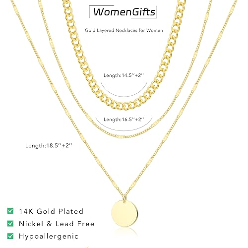 WomenGifts Layered Gold Necklaces for Women, 14K Gold Sterling Silver Plated Dainty Pendant Necklace Set Non Tarnish, Chunky Stackable Cuban Chain Choker, Trendy Birthstone Vacation Jewelry Gift - color: Gold, style: Mirror Coin