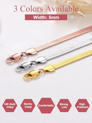 FOCALOOK 14K Gold Plated Necklaces for Women, Fashion Herringbone Choker Necklace Stainless Steel Flat Snake Chain 3/5MM(W) 12.5"/15"/18"+3.5"(L) - color: 5MM-14K Gold-18"