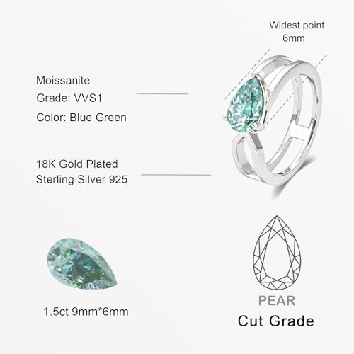Moissanite Ring for Women, 1.5ct Blue Green Pear Shaped Teardrop Moissanite Colored Ring, 18K Gold Plated Sterling Silver, Statement Cocktail Rings for Women, Birthday Anniversary Jewelry Gift - color: Silver