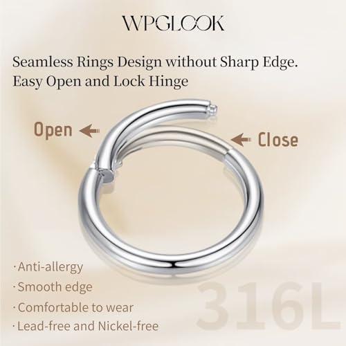 2Pcs Nose Ring Hoop Set: 14G 16G 18G 20G 316L Surgical Steel Septum Rings Hypoallergenic Body Jewelry 6/7/8/9/10/12MM Cartilage Earrings for Women Men - color: Silver-Single+Single CZ