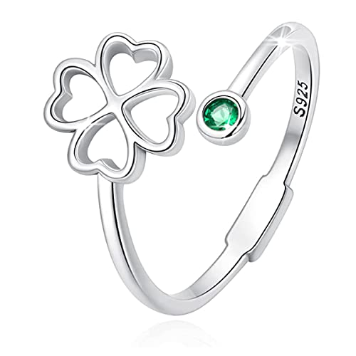 PARCOM Adjustable Women Stackable Ring, 925 Sterling Silver Open Rings - Trendy Eternity Cubic Zirconia Stackable Band Engagement Promise Ring for Her, Hypoallergenic Non Tarnish Nature Bird Floral Thumb Rings - color: Four-Leaf Clover