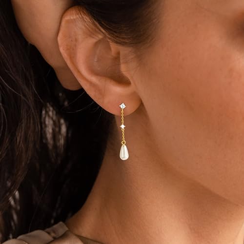 Gold Earrings for Women Trendy, Simple Dainty 14K Gold Plated Paperclip Square Chain Link Dangle Hoops Earrings Pin Stud Huggie Earrings Lightweight Hypoallergenic Minimalist Aesthetic Gold Jewelry for Christmas Gifts - color: tearldrop long pearl-gold