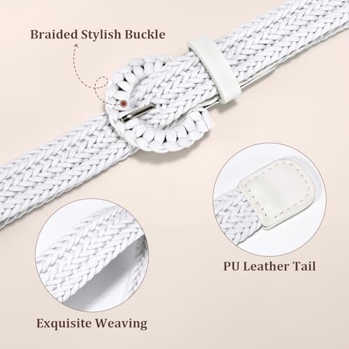 JASGOOD Women's Straw Braided Woven Boho Belt - Skinny Raffia Waist Strap for Summer Dresses & Jeans(Width:0.9") - color: White, size: Waist size below 43"