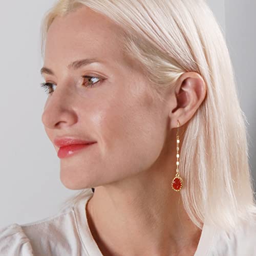 Simulated Druzy Threader Earrings for Women - Gold, Silver, or Rose Gold Tone Long Chain Earrings with Boho Created Geode Stone - color: Gold - Red Stone
