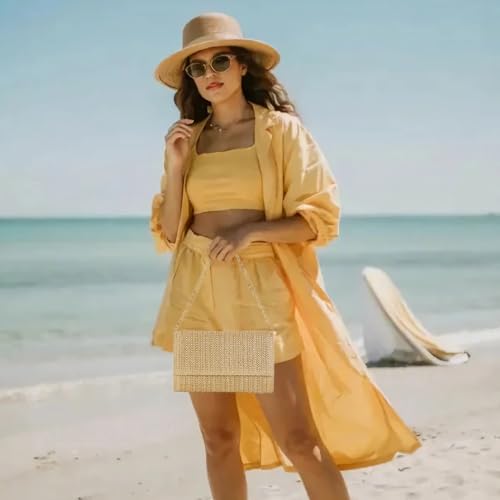 Huralona Women Straw Woven Clutch Purse Pleated Handbag for Summer Beach Vacation Straw Shoulder Crossbody Bag - color: Khaki3