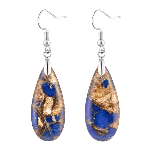 Stone Drop Earrings for Women Earrings Teardrop Jasper Stone Dangle Earrings - color: Blue&Brown-Silvery Hook