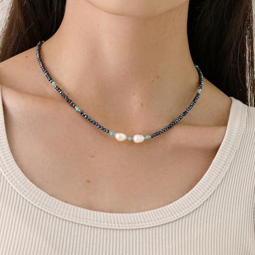 Turquoise Choker Necklace for Women, Western Crystal Bead & Pearl Necklace with Adjustable Chain Natural Stone Energy Jewelry, Boho Beaded Choker for Gifts - color: Turq Baroque Pearl