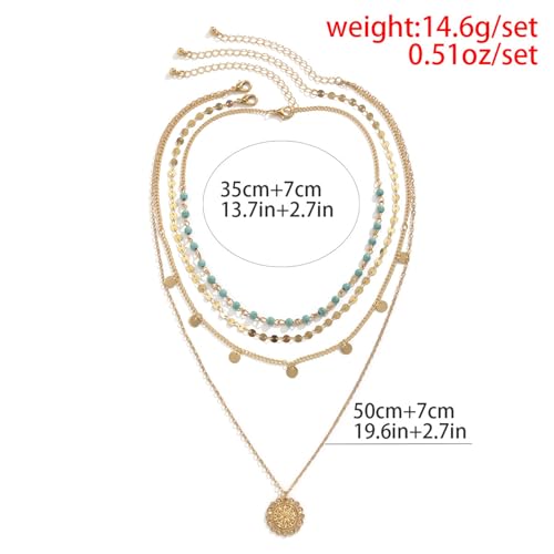 Boho Layered Gold Turquoise Necklace for Women Multi Strand Western Beach Jewelry Stackable Chain with Toggle Clasp Disc Pendant Trendy Fashion Jewelry - color: Gold-3