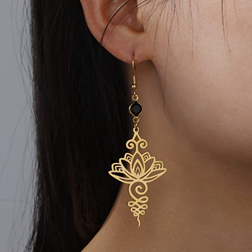 TEAMER Stainless Steel Lotus Flower Dangle Earrings Bohemian Drop Earring Unique Geometric Jewelry for Women - color: Lotus 4-Gold