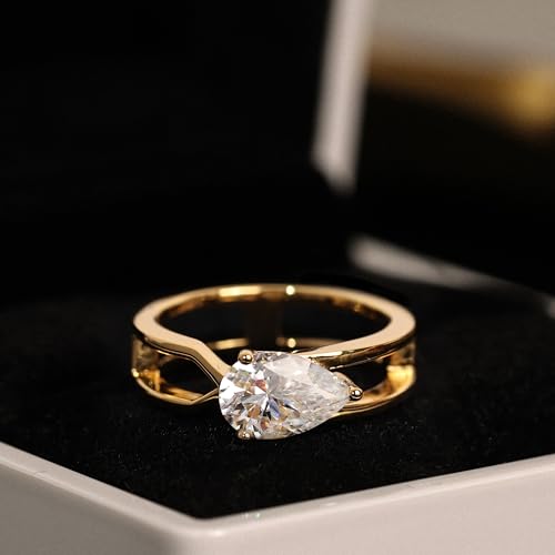Moissanite Ring for Women, 1.5ct Blue Green Pear Shaped Teardrop Moissanite Colored Ring, 18K Gold Plated Sterling Silver, Statement Cocktail Rings for Women, Birthday Anniversary Jewelry Gift - color: Gold