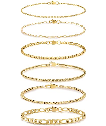 Honsny 6PCS Stainless Steel Bracelets for Women Men,14K Gold Plated Cuban Link Paperclip Chain Bracelet Dainty 6.3/7/7.8/9.5 Inch Stainless Steel Bracelet Set Fashion Jewelry - color: Gold, size: 6.3 Inches